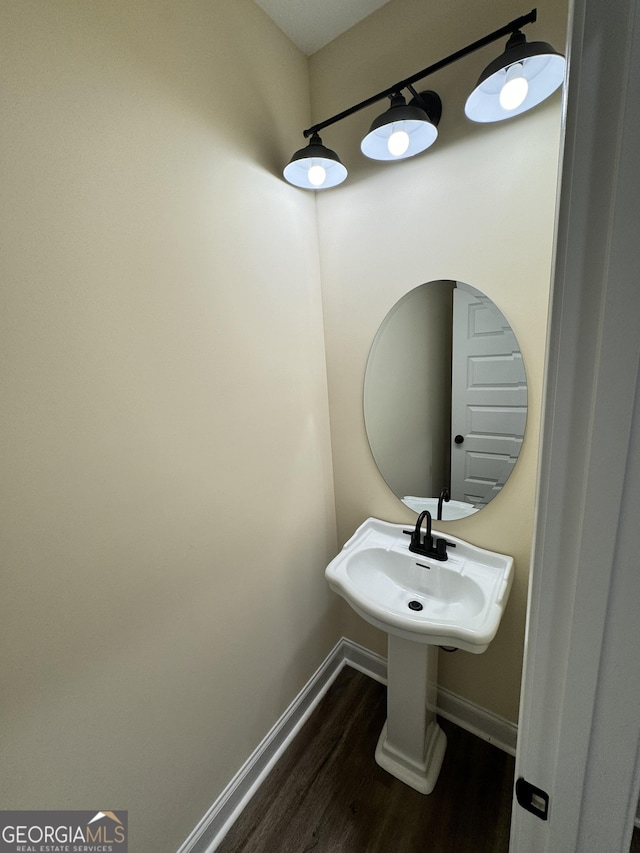 bathroom with wood-type flooring