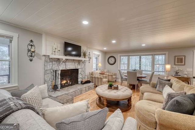 living room featuring wood-type flooring, a fireplace, and a wealth of natural light