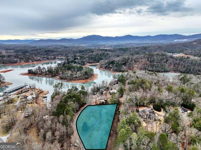 birds eye view of property with a water and mountain view