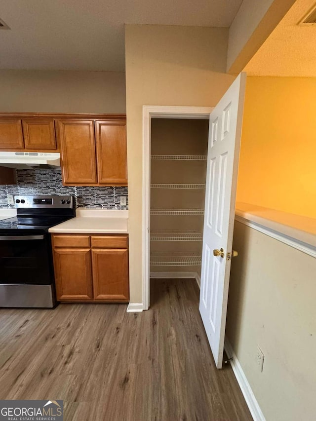 kitchen featuring tasteful backsplash, stainless steel electric stove, and wood-type flooring