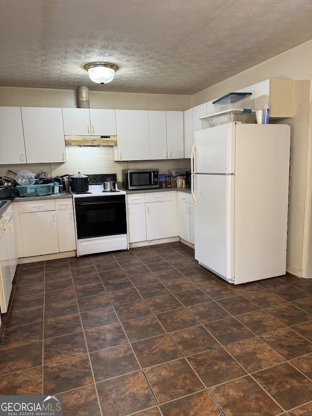241 E Ash St, Social Circle, GA 30025 - kitchen with stainless steel microwave, under cabinet range hood, white cabinets, freestanding refrigerator, and electric range