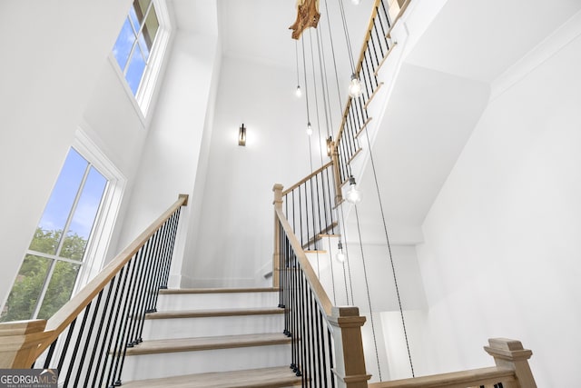 staircase featuring a towering ceiling