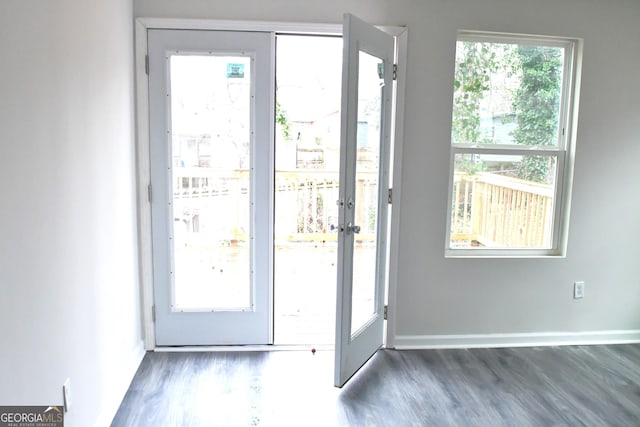 doorway with baseboards and wood finished floors