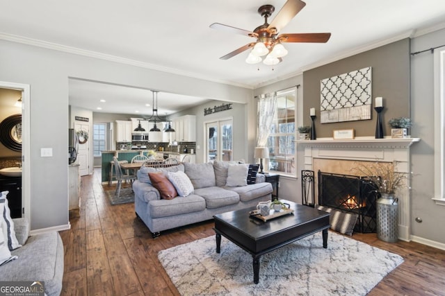 living room with a premium fireplace, dark wood-type flooring, ceiling fan, and crown molding