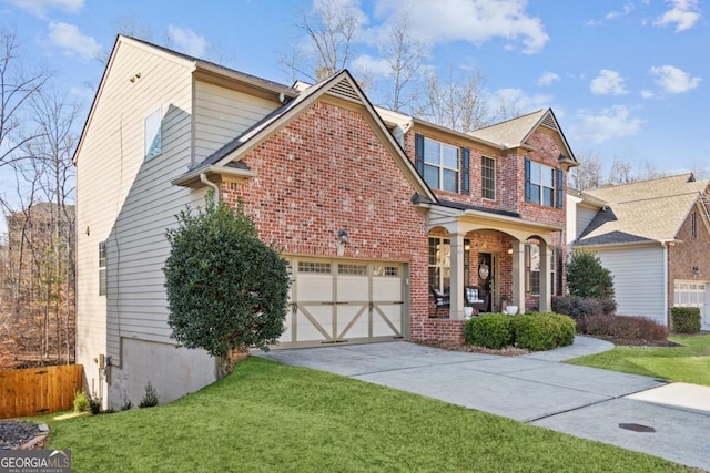 view of front of home with a garage, a porch, and a front yard