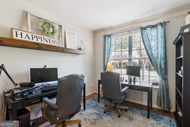 office area featuring wood-type flooring and ornamental molding