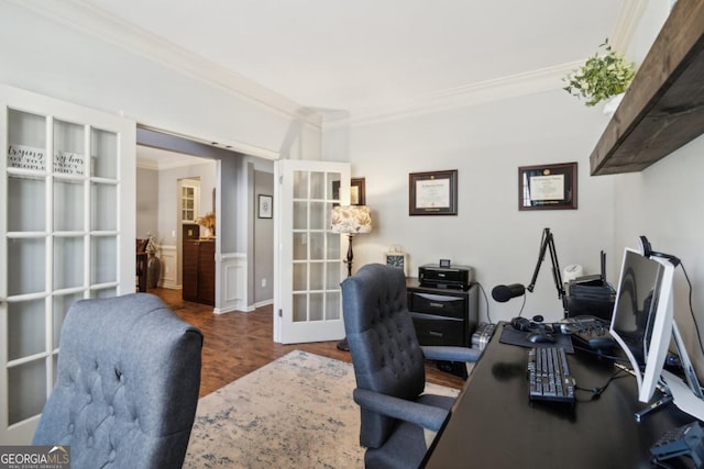 office space with dark hardwood / wood-style floors, ornamental molding, and french doors