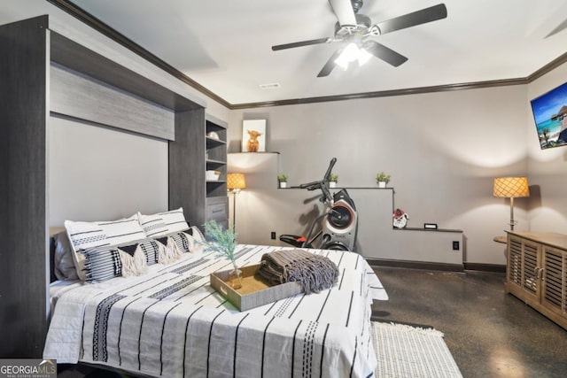 bedroom with crown molding and ceiling fan