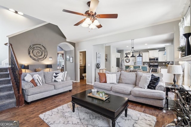 living room featuring crown molding, vaulted ceiling, dark hardwood / wood-style floors, and a healthy amount of sunlight