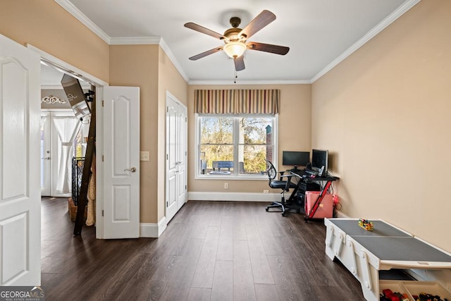 office area featuring dark wood-type flooring, ornamental molding, and ceiling fan