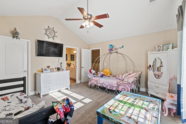 carpeted bedroom with lofted ceiling, connected bathroom, and ceiling fan