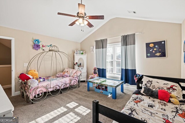 bedroom featuring lofted ceiling, ceiling fan, and carpet flooring