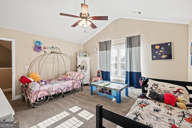 carpeted bedroom with visible vents, baseboards, a ceiling fan, and vaulted ceiling