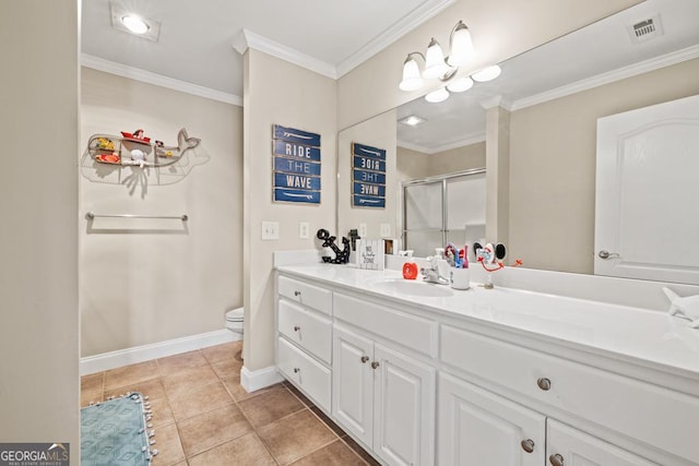 bathroom featuring vanity, visible vents, ornamental molding, tile patterned flooring, and a shower stall