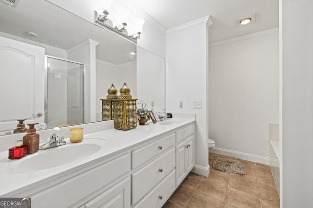 bathroom with walk in shower, toilet, crown molding, vanity, and tile patterned flooring