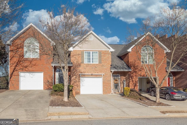 view of front of house with concrete driveway, brick siding, a garage, and roof with shingles