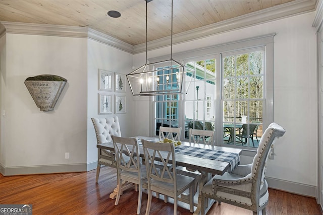 dining area featuring an inviting chandelier, hardwood / wood-style flooring, ornamental molding, and wooden ceiling