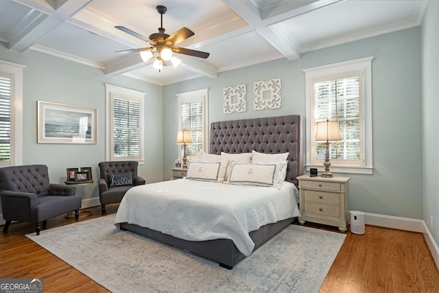 bedroom with coffered ceiling, light hardwood / wood-style floors, and beam ceiling