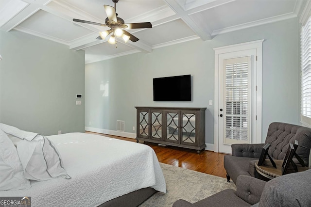 bedroom featuring beamed ceiling, wood-type flooring, coffered ceiling, and access to exterior