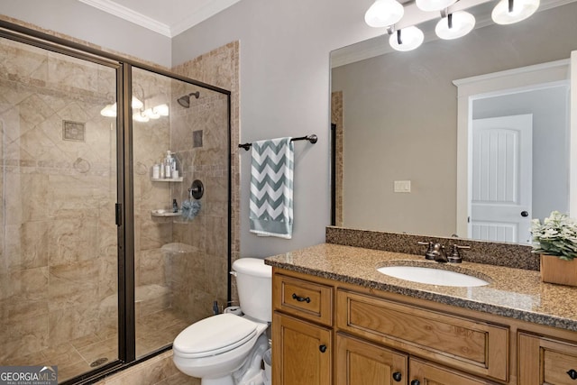 bathroom featuring walk in shower, ornamental molding, toilet, and vanity