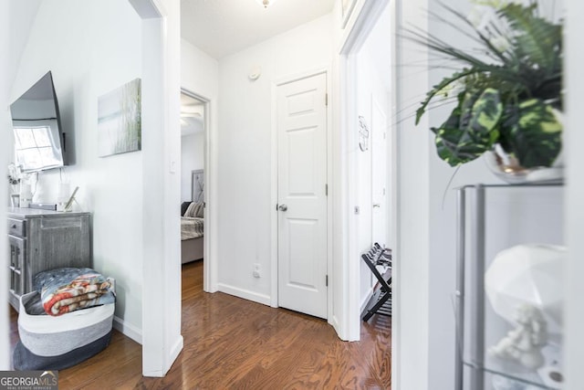 hall with dark hardwood / wood-style floors