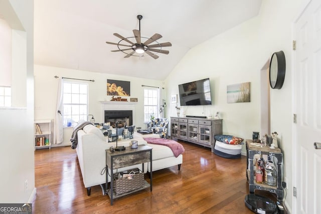 living room featuring ceiling fan, lofted ceiling, and wood-type flooring