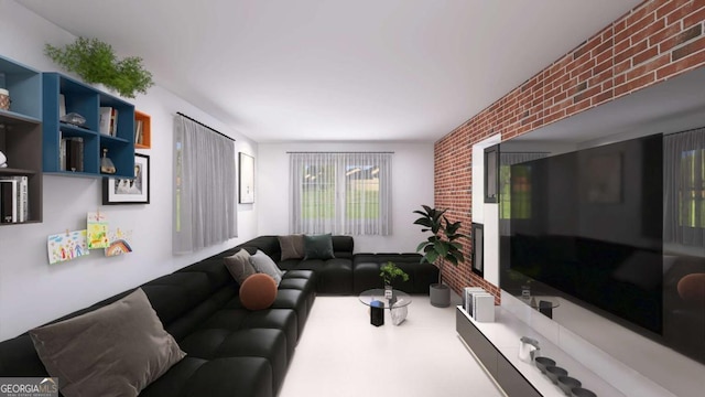 living room with brick wall