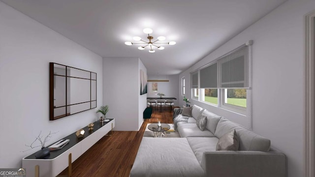 living room featuring dark wood-type flooring and an inviting chandelier