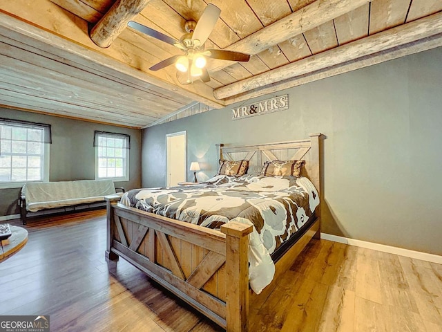 bedroom with ceiling fan, hardwood / wood-style floors, wooden ceiling, and beam ceiling