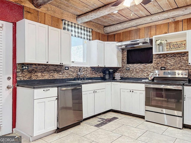 kitchen with white cabinetry, wood ceiling, appliances with stainless steel finishes, and tasteful backsplash