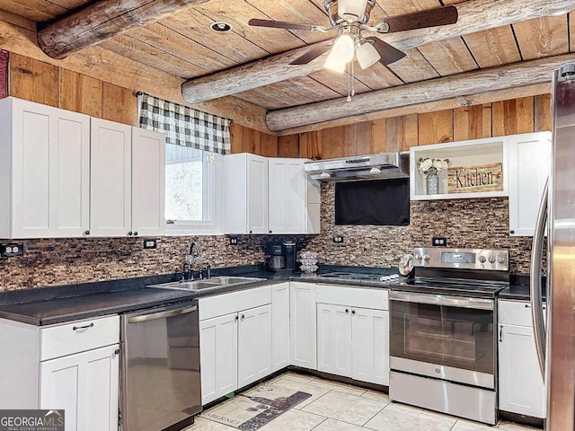 kitchen with appliances with stainless steel finishes, wooden ceiling, and white cabinets