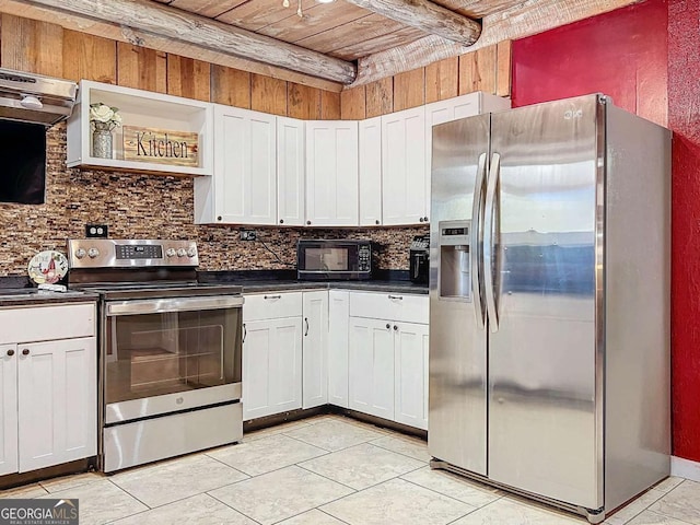 kitchen with appliances with stainless steel finishes, backsplash, beam ceiling, white cabinets, and wooden ceiling