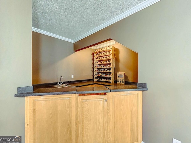 bar with ornamental molding, light brown cabinetry, sink, and a textured ceiling