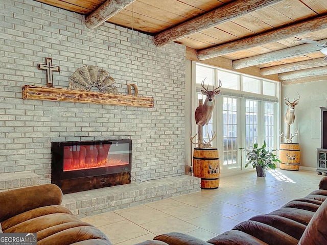 tiled living room with a brick fireplace, wood ceiling, and beamed ceiling