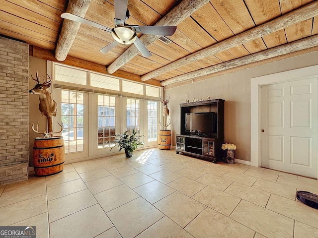 unfurnished living room with ceiling fan, beam ceiling, light tile patterned floors, and wooden ceiling