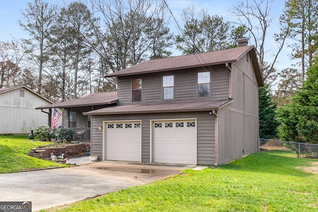 view of front facade with a garage, driveway, a chimney, fence, and a front yard