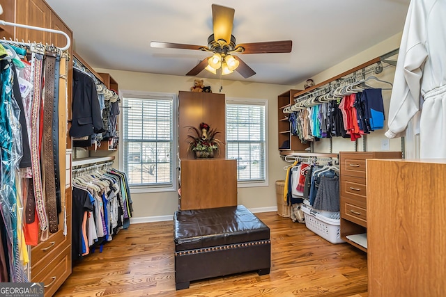 spacious closet featuring ceiling fan and hardwood / wood-style floors