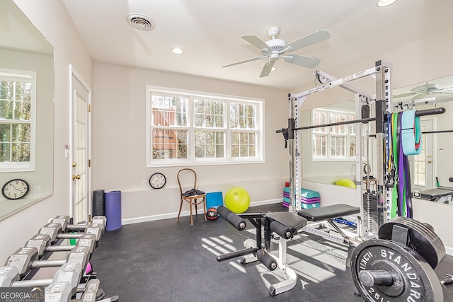 workout area featuring ceiling fan