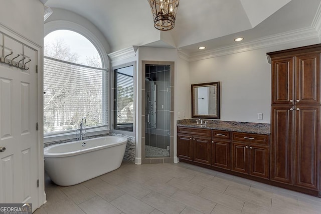 bathroom with plus walk in shower, a healthy amount of sunlight, vanity, and ornamental molding