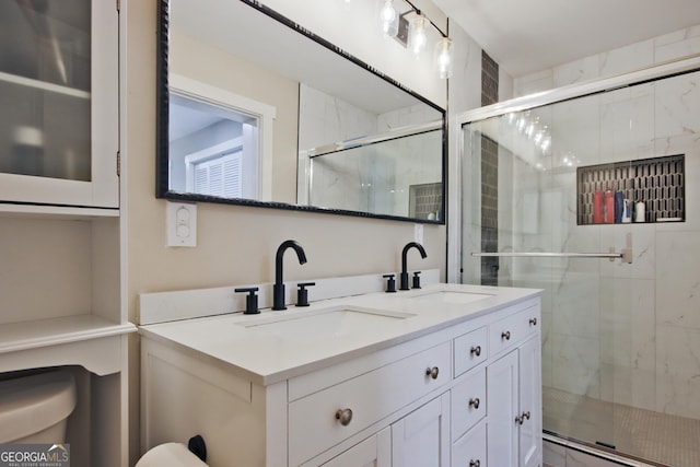 bathroom with vanity, a baseboard heating unit, toilet, and walk in shower