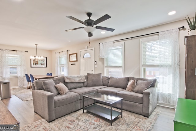 living room featuring ceiling fan with notable chandelier and light wood-type flooring