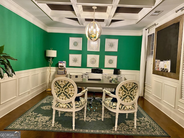 1320 Newbridge Cir, Buford, GA 30519 - dining area featuring a chandelier, ornamental molding, coffered ceiling, an office area, and beam ceiling