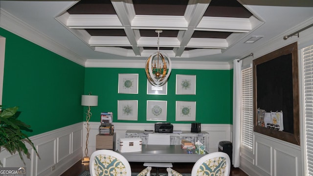 1320 Newbridge Cir, Buford, GA 30519 - office featuring a chandelier, ornamental molding, coffered ceiling, and a wainscoted wall