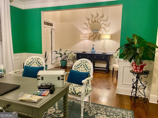 1320 Newbridge Cir, Buford, GA 30519 - office area featuring a wainscoted wall, dark wood-style floors, and crown molding