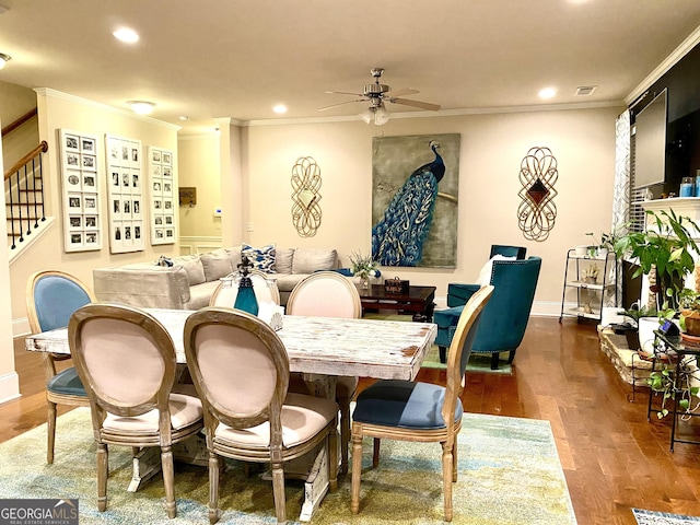 1320 Newbridge Cir, Buford, GA 30519 - dining area featuring a ceiling fan, ornamental molding, stairway, wood finished floors, and recessed lighting