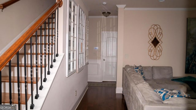 1320 Newbridge Cir, Buford, GA 30519 - interior space with dark wood-style floors, stairs, and ornamental molding