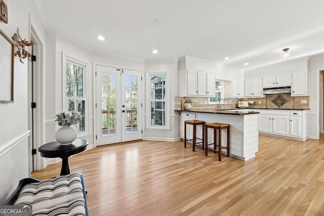 kitchen with sink, crown molding, tasteful backsplash, light hardwood / wood-style floors, and white cabinets