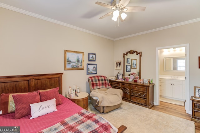 bedroom with ornamental molding, ensuite bathroom, ceiling fan, and light hardwood / wood-style flooring