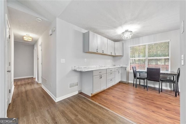 kitchen with a textured ceiling and light hardwood / wood-style floors