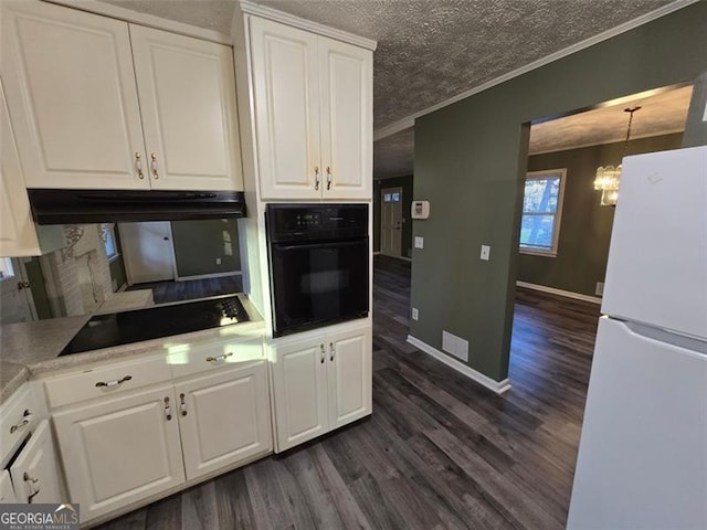 kitchen with decorative light fixtures, white cabinets, ornamental molding, black appliances, and dark wood-type flooring